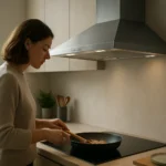 Žena varí na varnej ploche pod nakloneným digestorom v modernej kuchyni.