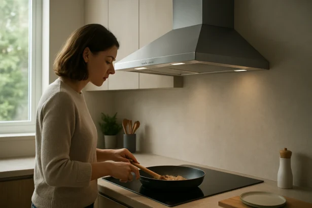 Žena varí na varnej ploche pod nakloneným digestorom v modernej kuchyni.