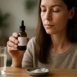 Žena skúma fľašu so strieborným koloidom a vodou.