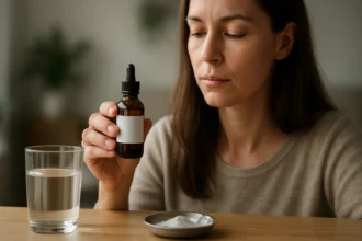 Žena skúma fľašu so strieborným koloidom a vodou.