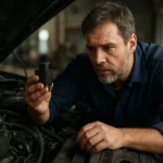 Mechanik kontroluje predrezistor motora ventilátora pri oprave auta.