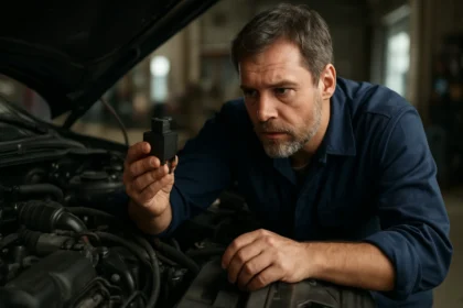 Mechanik kontroluje predrezistor motora ventilátora pri oprave auta.