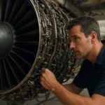 Mechanik kontroluje letecký motor a jeho detailnú konštrukciu.