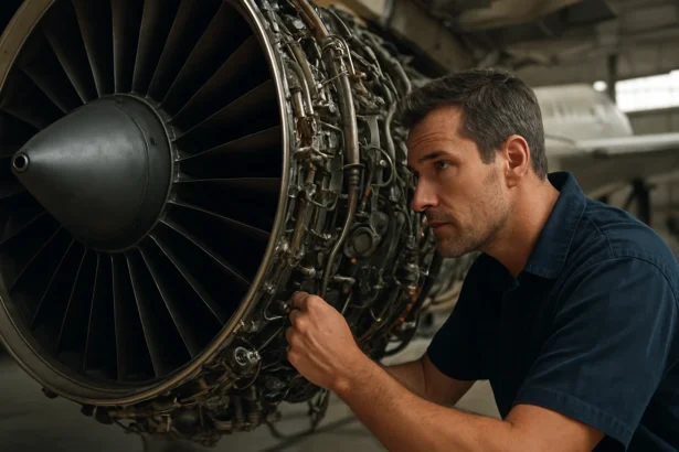 Mechanik kontroluje letecký motor a jeho detailnú konštrukciu.