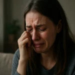 Mladá žena plače a vyjadruje emócie v príjemnom prostredí.