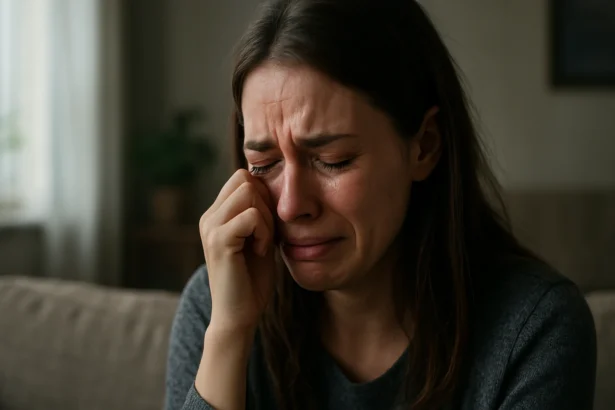 Mladá žena plače a vyjadruje emócie v príjemnom prostredí.