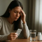 Žena so stresom drží tabletky a pohár vody