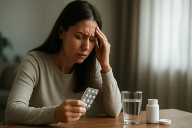 Žena so stresom drží tabletky a pohár vody