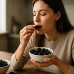 Žena vychutnáva si moruše z misky v útulnom prostredí.