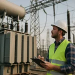 Technik kontroluje transformátor v elektrickej stanici