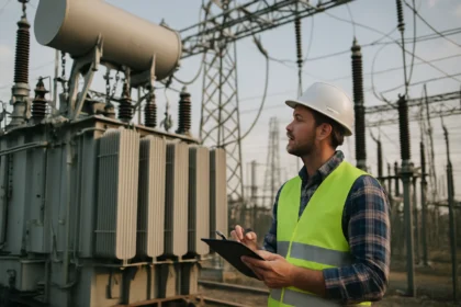 Technik kontroluje transformátor v elektrickej stanici