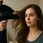 Žena s dlhými vlasmi sušenými fénom s pomocou muža.