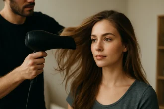 Žena s dlhými vlasmi sušenými fénom s pomocou muža.