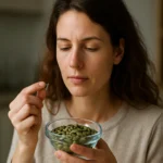 Žena drži misku s tekvicovými semienkami, premýšľa o ich výhodách.