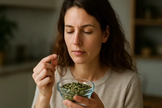 Žena drži misku s tekvicovými semienkami, premýšľa o ich výhodách.