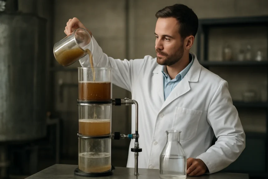 Technik vykonáva experiment s Dorr sedimentačným systémom