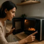 Žena nastavuje mikrovlnnú rúru na zohriatie jedla v modernej kuchyni.