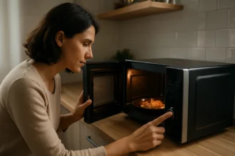 Žena nastavuje mikrovlnnú rúru na zohriatie jedla v modernej kuchyni.