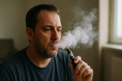 Muž fajčiaci elektronickú cigaretu doma, obklopený dymom