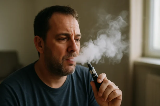 Muž fajčiaci elektronickú cigaretu doma, obklopený dymom