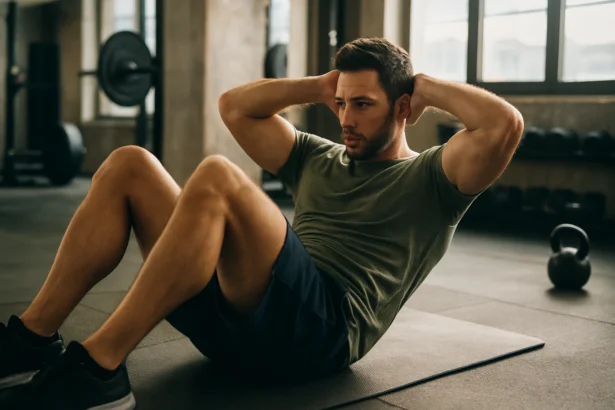 Muž cvičiaci brušné svaly v posilňovni