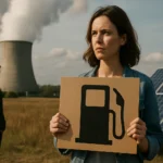 Žena s transparentom o neobnoviteľných zdrojoch energie v prírode.