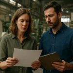 Zamestnanci v továrni na papier skúmali dokumenty pre udržateľnosť.