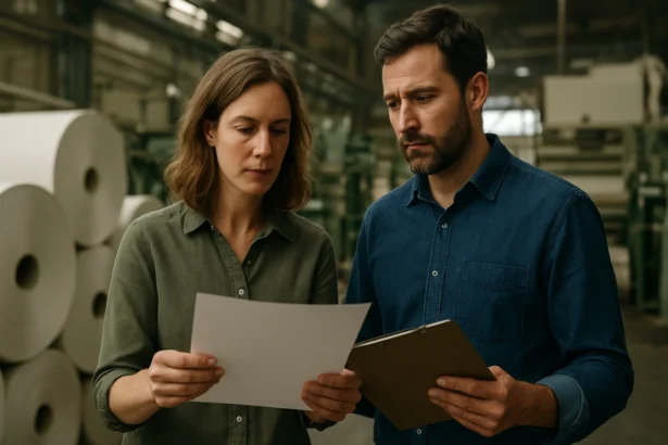 Zamestnanci v továrni na papier skúmali dokumenty pre udržateľnosť.