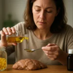 Žena meria olej z tresčej pečene na lyžici, obklopená zlatými tabletami.