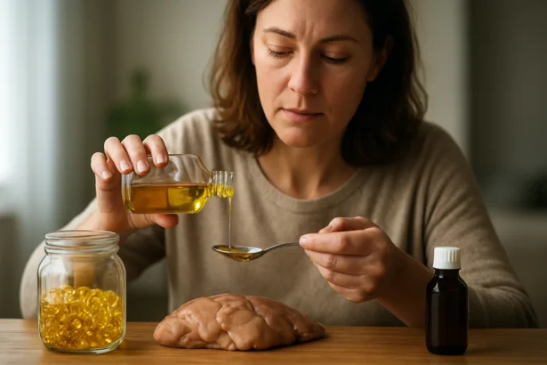 Žena meria olej z tresčej pečene na lyžici, obklopená zlatými tabletami.