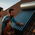 Rodina pozoruje vákuové solárne kolektory na streche domu.