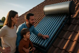 Rodina pozoruje vákuové solárne kolektory na streche domu.