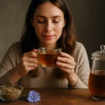 Žena vychutnávajúca si čakankový čaj s inulínom