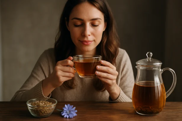 Žena vychutnávajúca si čakankový čaj s inulínom