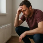 Muž so zamysleným výrazom pri soklovom vykurovaní v obývačke