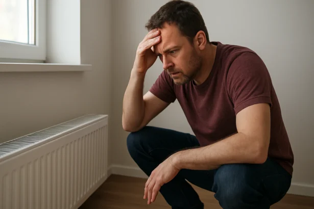 Muž so zamysleným výrazom pri soklovom vykurovaní v obývačke