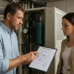 Inžinier vysvetľuje absorpčné chladenie dvom odborníkom.