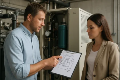 Inžinier vysvetľuje absorpčné chladenie dvom odborníkom.