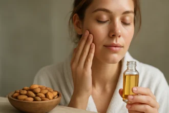 Žena s mandľovým olejom pre starostlivosť o pleť