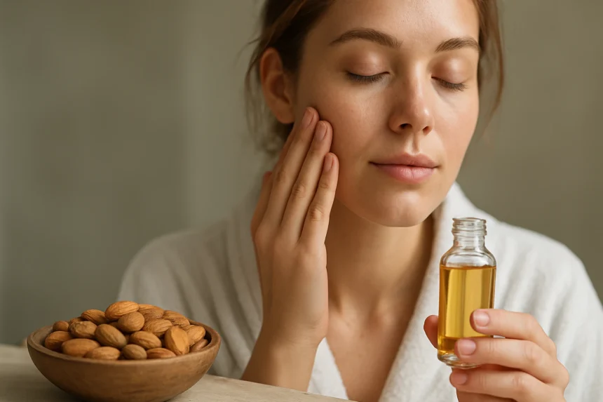 Žena s mandľovým olejom pre starostlivosť o pleť