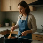 Žena varí na keramickej varnej doske v moderne zariadenej kuchyni.