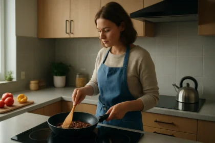 Žena varí na keramickej varnej doske v moderne zariadenej kuchyni.