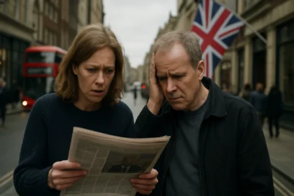 Pohľad dvoch ľudí predávačov čítajúcich noviny v Londýne