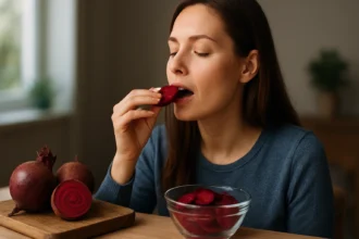 Žena jesť cviklu, zdravé jedlo a nutričné benefity.