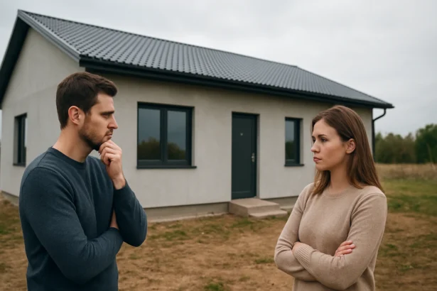 Pár diskutuje o kúpe domu zo sendvičových panelov.