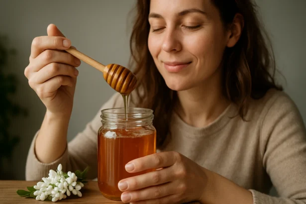 Žena s agátovým medom v sklenenej nádobe a drevenou lyžicou
