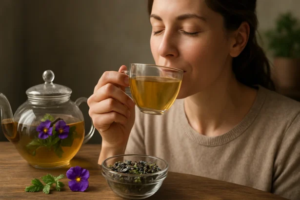 Žena vychutnávajúca si čaj z divého sirôtky s kvietkami