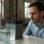 Muži skúmajúci batériu so slaným elektrolytom počas výskumu energetiky.