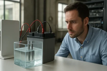 Muži skúmajúci batériu so slaným elektrolytom počas výskumu energetiky.