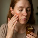 Žena nanášajúca prírodný balzam na pleť na líce.